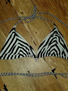 Striped Black & White Triangle Bikini Top W. Rhinestone Charm